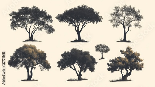 Collection of seven stylized tree illustrations in dark brown and beige hues on a light beige background. Various tree shapes and sizes are depicted photo