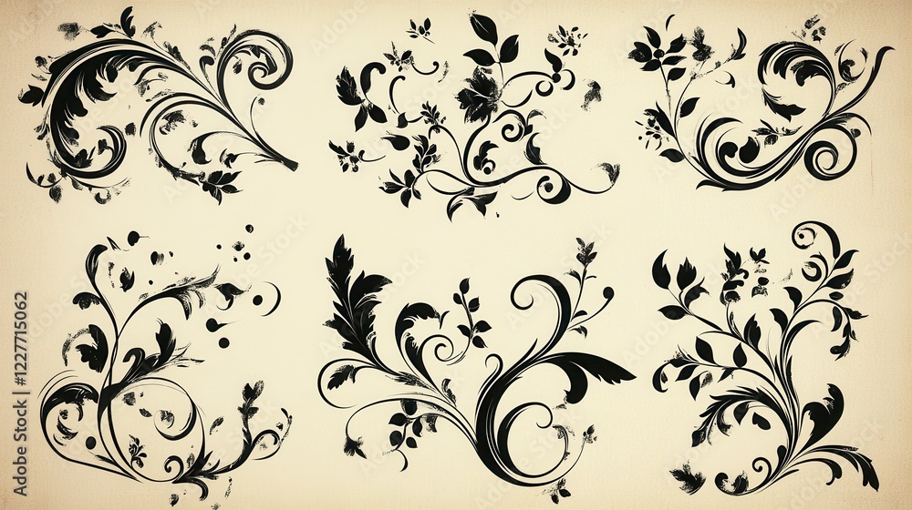 Collection of six black and white floral design elements on a beige background. Each element features intricate swirling vines, leaves, and flowers Collection of six black and white floral design elements on a beige background. Each element features intricate swirling vines, leaves, and flowers
