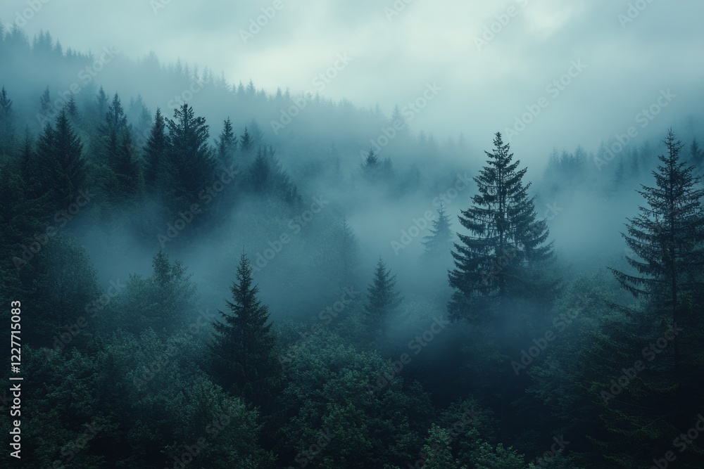 Mysterious atmosphere pervading a foggy coniferous forest at dawn Mysterious atmosphere pervading a foggy coniferous forest at dawn