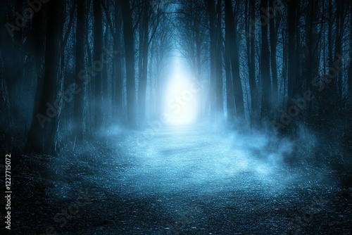 Mysterious path through a misty forest