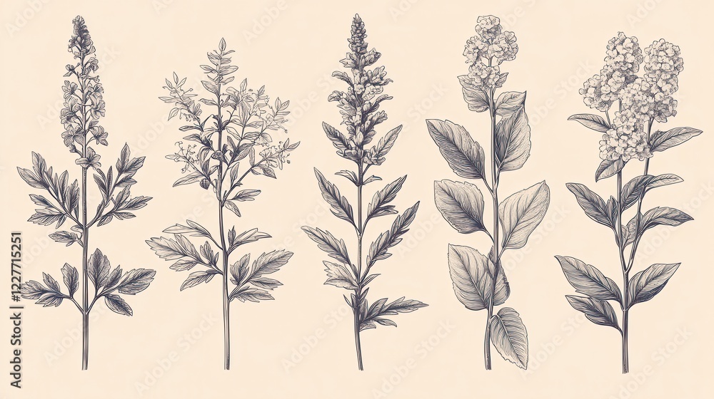 Fototapeta premium Collection of six botanical illustrations featuring delicate, stylized plant stems with textured leaves in shades of black and gray against a beige