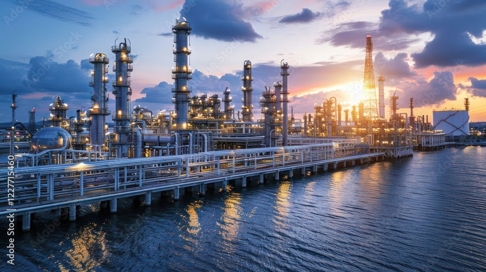 Fototapeta premium Industrial landscape at sunset showcasing refinery structures along the water's edge