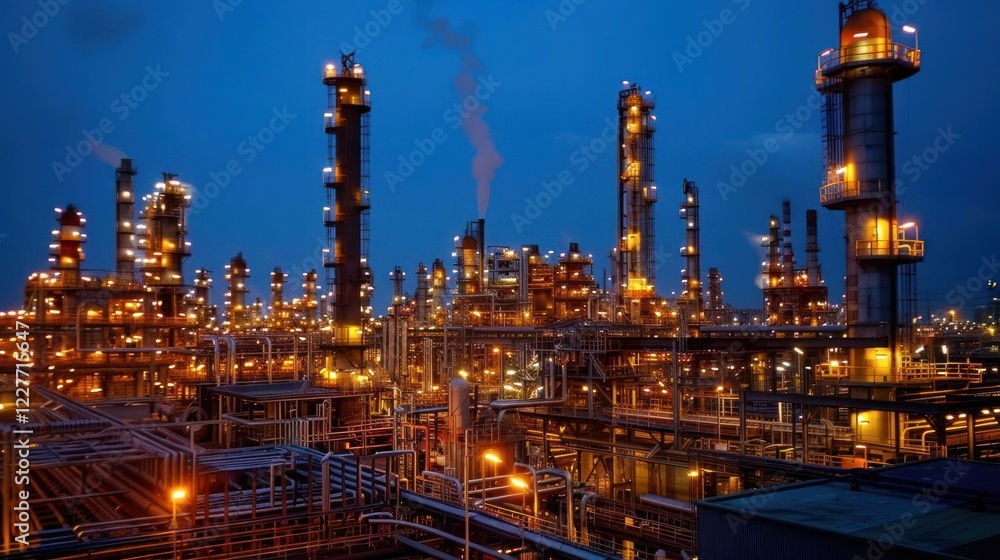 Night view of an industrial complex with illuminated structures and smoke emissions Night view of an industrial complex with illuminated structures and smoke emissions