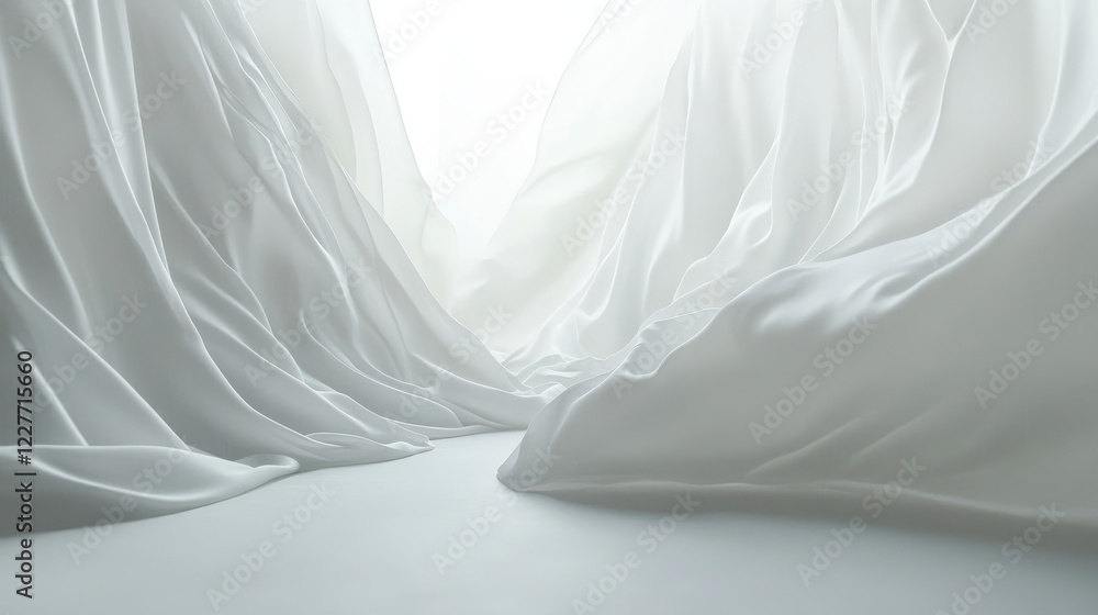 Elegant studio background with soft white drapery creating a serene and minimalist atmosphere for photography or design presentations. Elegant studio background with soft white drapery creating a serene and minimalist atmosphere for photography or design presentations.