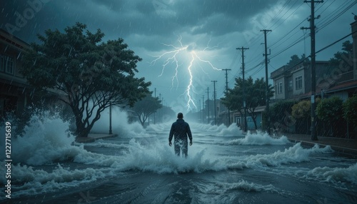 Write a short story from the perspective of a person caught outside during a sudden, violent storm, with lightning cracking the sky and the streets rapidly filling with water