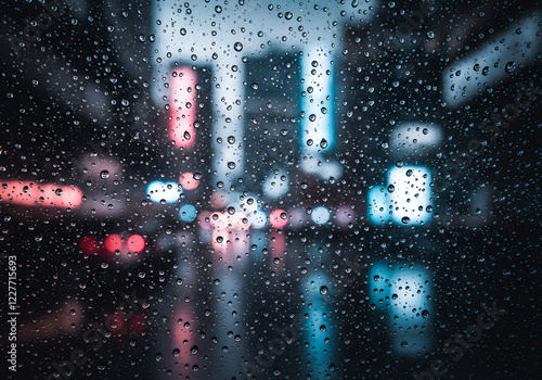 ガラスについた雨粒と夜の街の風景 photo