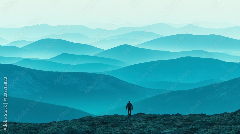 Obraz premium Solitary figure standing on a rocky peak overlooking a vast, hazy mountain range under a pale sky. The mountains are rendered in shades of blue