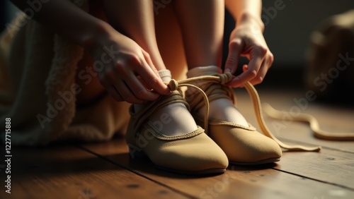 Celebrate the personal dedication of St. Patrick’s Day traditions in this close-up view, as a young dancer’s hands secure the laces of Irish Dance Shoes against a softly lit wooden floor. photo