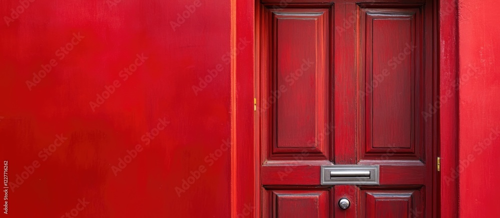 Elegant red door with gold trim and silver doorknob set against a vivid red wall featuring ample empty space for text or graphics. Elegant red door with gold trim and silver doorknob set against a vivid red wall featuring ample empty space for text or graphics.