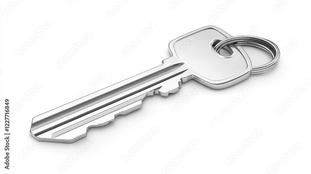 Realistic silver key with metal ring isolated on a white background for security and access concepts Realistic silver key with metal ring isolated on a white background for security and access concepts