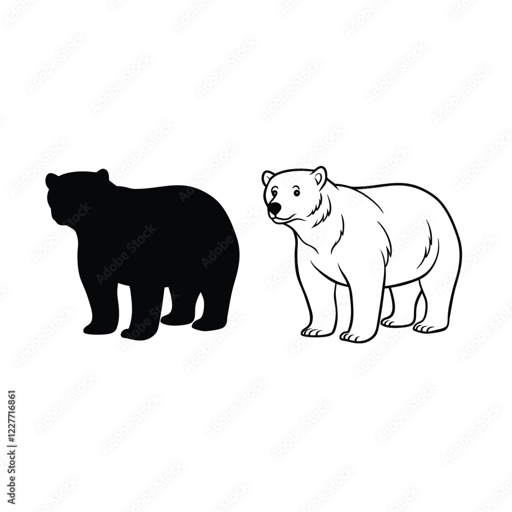 Fototapeta premium polar bear silhouette and line art vector on white background