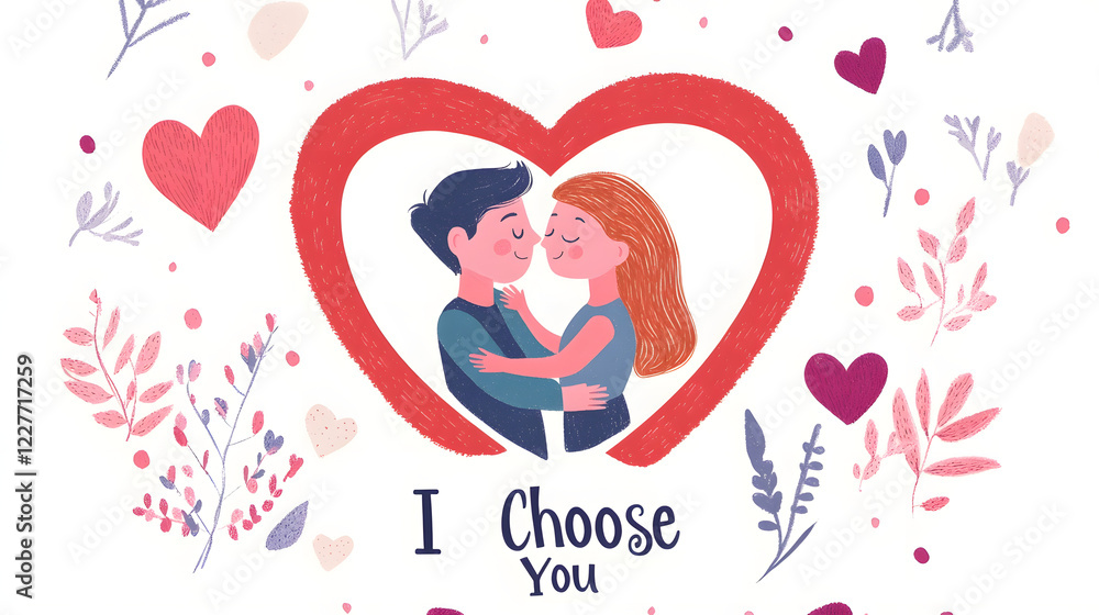 Valentine's Day card with a couple hugging inside a heart-shaped frame with Valentine's Day card with a couple hugging inside a heart-shaped frame with