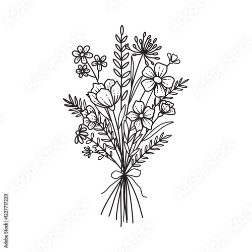 Flower bouquet vector. Hand drawn flower. Wildflower line art bouquets, wild plant, botanical vector illustration