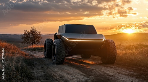 Futuristic construction vehicle on dirt road at sunset highlighting innovation and rugged design in a natural landscape photo