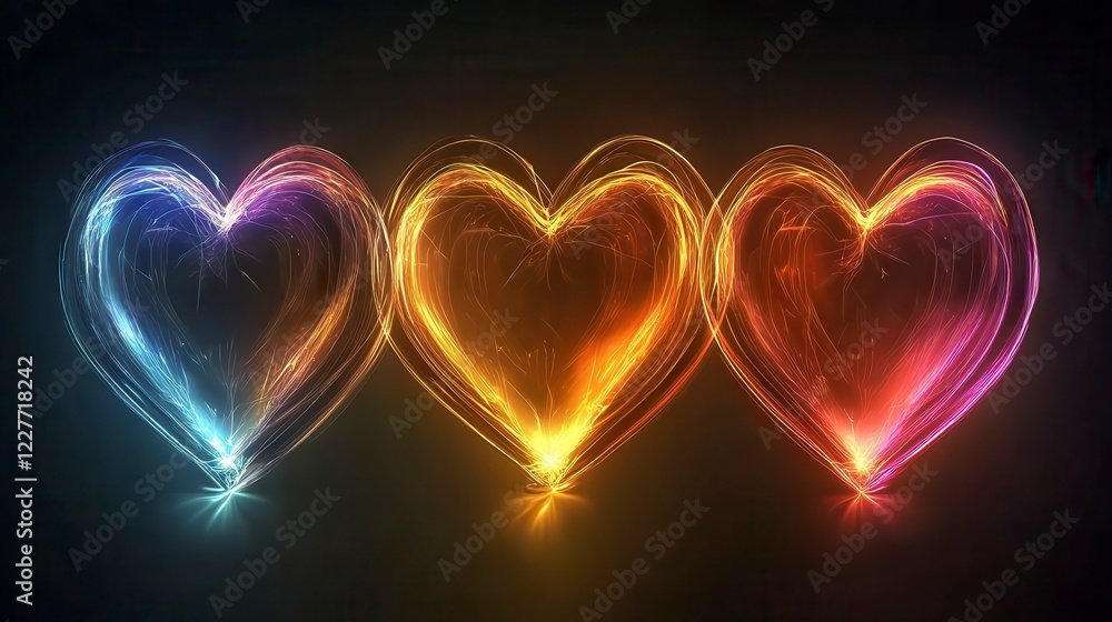 Three glowing hearts in vibrant colors of blue, yellow, and red, arranged in a row against a dark background. The hearts are composed of sparkling Three glowing hearts in vibrant colors of blue, yellow, and red, arranged in a row against a dark background. The hearts are composed of sparkling