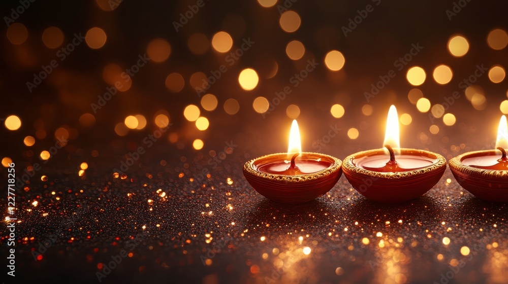 Three red and gold diya oil lamps illuminate a dark background sparkling with golden glitter. Warm, festive lighting creates a celebratory mood Three red and gold diya oil lamps illuminate a dark background sparkling with golden glitter. Warm, festive lighting creates a celebratory mood
