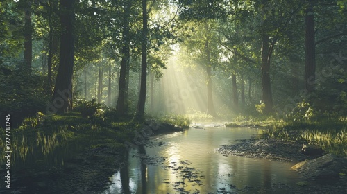 Tranquil forest creek with sunlight filtering through trees, creating reflections on the calm water surface in a serene natural setting