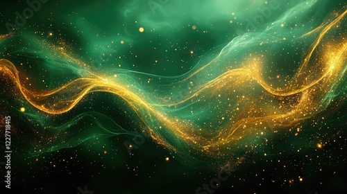Abstract swirling patterns of green and gold light with shimmering particles creating a mystical atmosphere