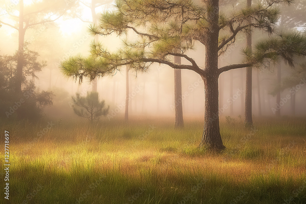 Misty sunrise in a pine forest clearing Misty sunrise in a pine forest clearing