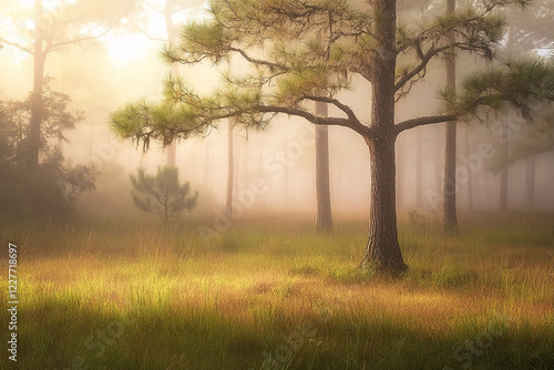 Wallpaper Mural Misty sunrise in a pine forest clearing Torontodigital.ca