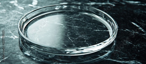 Glass plate on black marble table with selective focus and ample copy space for text or branding in a minimalist design setting. photo