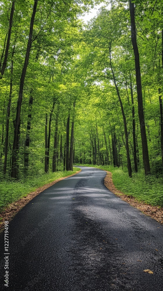 Naklejka premium Paved road curves through a dense, vibrant green forest