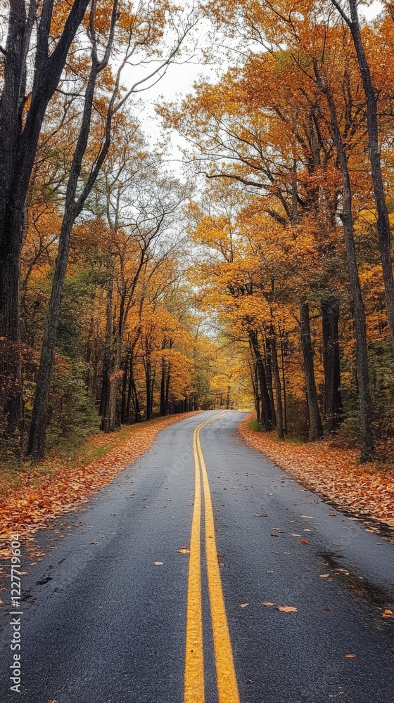 Serene road meandering through colorful fall foliage Serene road meandering through colorful fall foliage