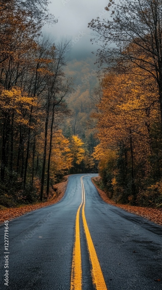Serene road winding through colorful autumn trees under a misty sky Serene road winding through colorful autumn trees under a misty sky