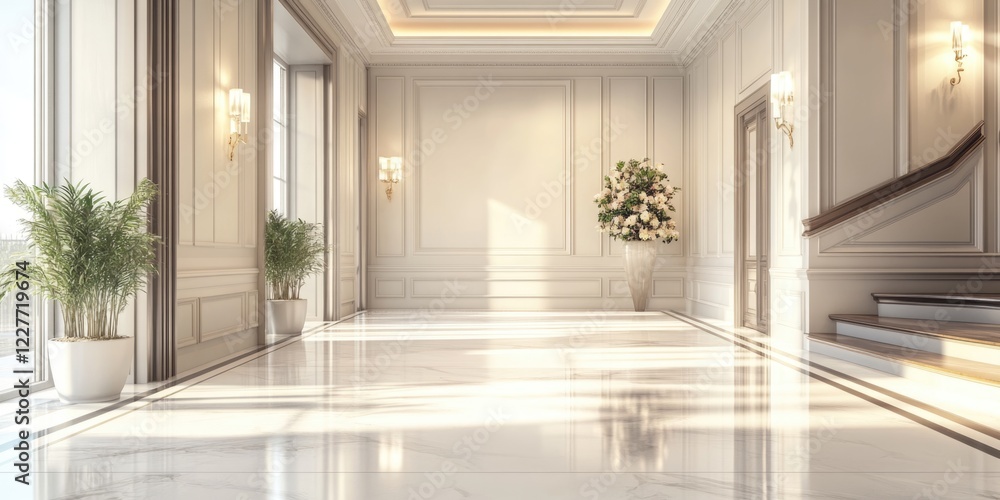 Elegant hall entrance with classic architecture and decorative finishes featuring bright natural light and ample space for text overlay Elegant hall entrance with classic architecture and decorative finishes featuring bright natural light and ample space for text overlay