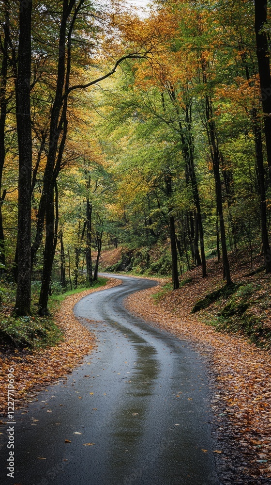 Curved road lined with autumn leaves in a tranquil forest setting Curved road lined with autumn leaves in a tranquil forest setting