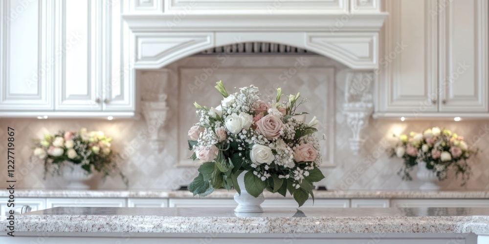 Fototapeta premium Charming kitchen interior featuring white cabinetry and floral arrangements with ample space for text or promotional content