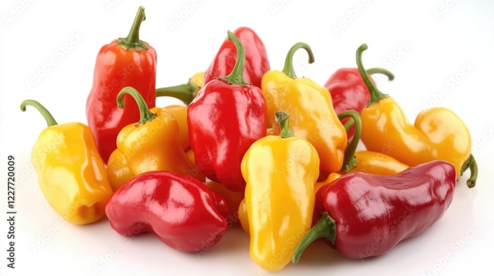 Vibrant Assortment of Spicy Hot Peppers on White Background with Copyspace for Text in Culinary or Food Related Designs Vibrant Assortment of Spicy Hot Peppers on White Background with Copyspace for Text in Culinary or Food Related Designs