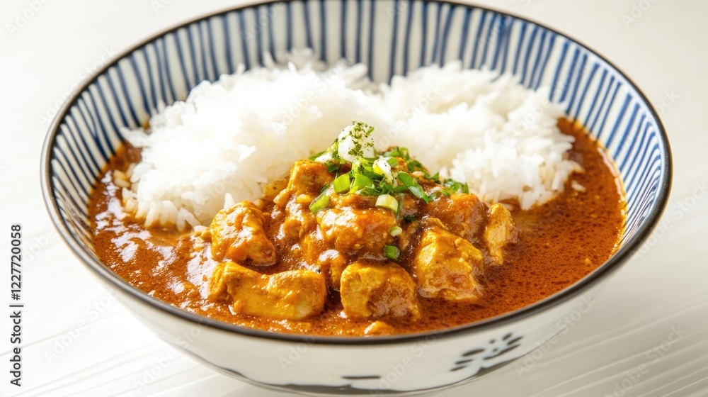 Spicy chicken curry accompanied by basmati rice in a decorative bowl with space for text or branding elements Spicy chicken curry accompanied by basmati rice in a decorative bowl with space for text or branding elements
