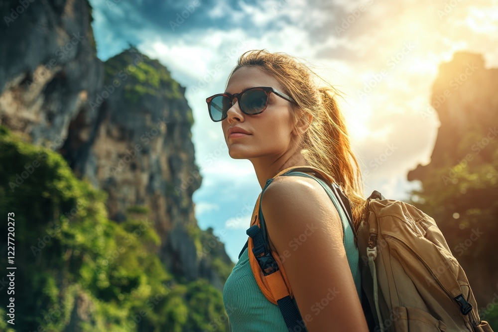 Adventurous woman exploring rocky terrain at sunset in a beautiful mountainous area Adventurous woman exploring rocky terrain at sunset in a beautiful mountainous area
