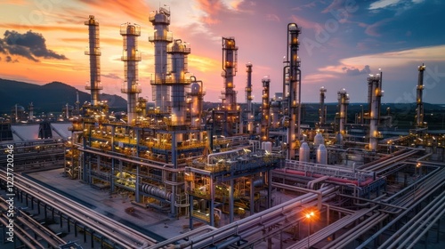 Wallpaper Mural Industrial complex at sunset with illuminated structures and pipes against a vibrant sky Torontodigital.ca