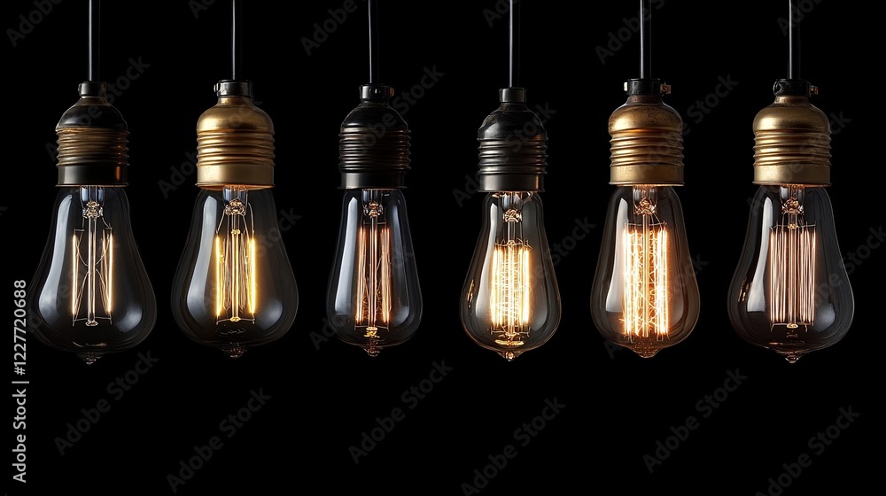 Obraz premium A collection of hanging lightbulbs with exposed filaments against a plain black background.
