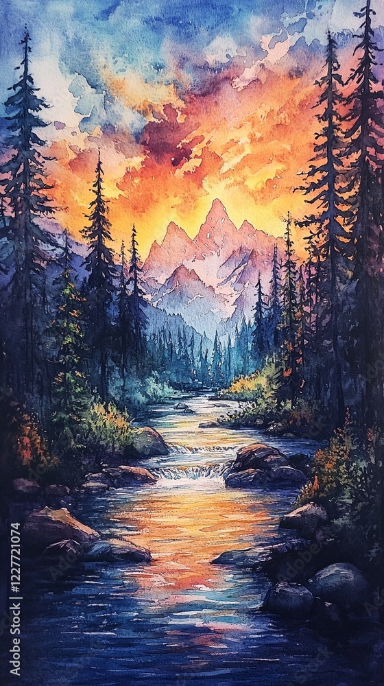 Obraz premium a serene landscape painting featuring mountains and trees, with a river flowing through it.