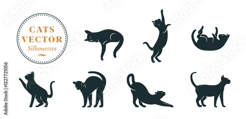 Cat Logo Vector Silhouettes Set. Pet Kitten Icon Illustrations Outline Abstract Isolated Cartoon Graphic Collection. Sleeping, Walking, Yoga Stretching and Sitting Calm Elegant Animals