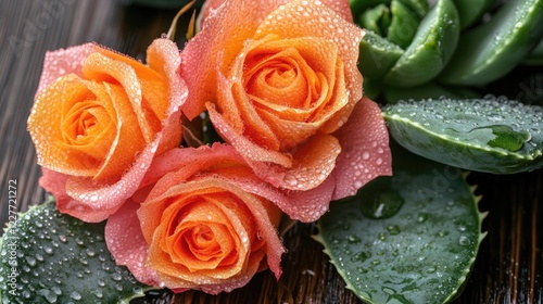 Roses and Echeveria Falcate accompanied by Aloe Vera adorned with raindrops in a vibrant home garden setting photo