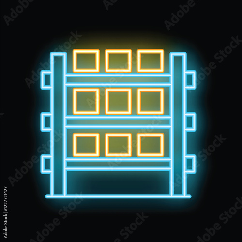 Neon glowing icon of warehouse shelves with cardboard boxes on black background