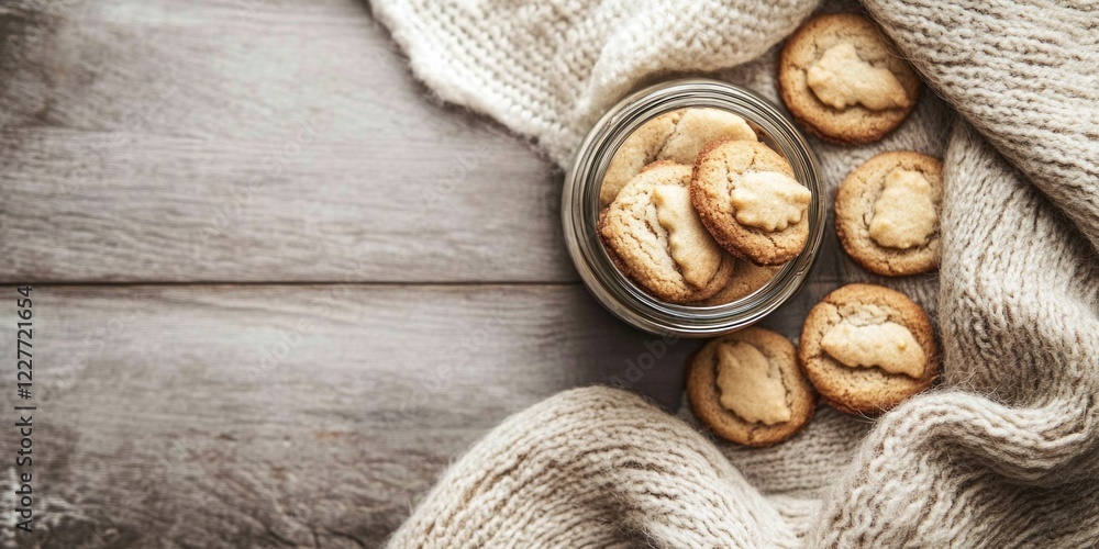 Cookies in a jar on a cozy wool background with ample copy space for text and a warm, inviting atmosphere Cookies in a jar on a cozy wool background with ample copy space for text and a warm, inviting atmosphere