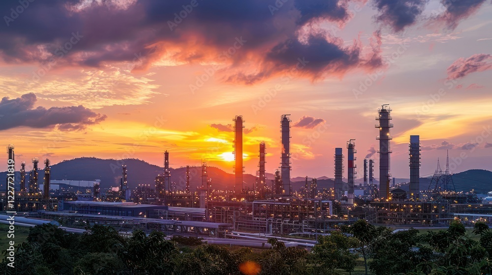 Industrial skyline at sunset with silhouetted towers, reflecting on the horizon's colors Industrial skyline at sunset with silhouetted towers, reflecting on the horizon's colors