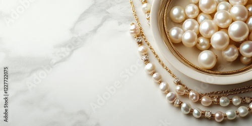 Elegant Pearl Jewelry Display on Marble Background with Empty Space for Text for Luxury Promotions and Advertisements photo