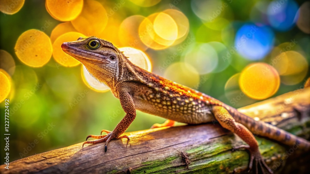 Fototapeta premium Candid Brown Anole Lizard on Branch, Basking in Sunlight, Natural Habitat