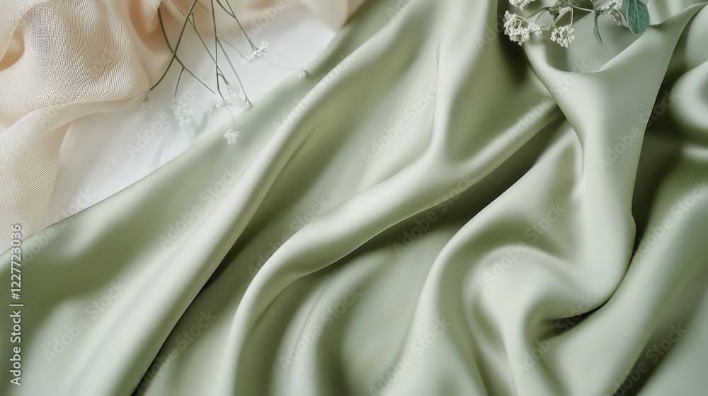 Smooth khaki green silk fabric draping elegantly with soft texture and a matte finish ideal for fashion and interior design backgrounds Smooth khaki green silk fabric draping elegantly with soft texture and a matte finish ideal for fashion and interior design backgrounds