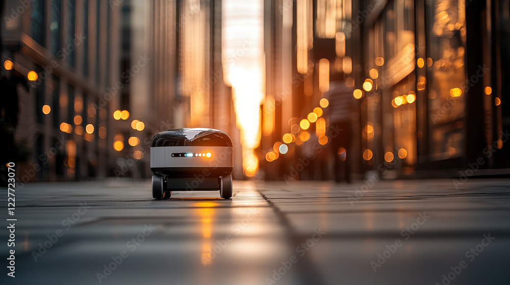 autonomous delivery robot on city sidewalk during sunset, showcasing modern technology in urban environment. warm glow of setting sun enhances scene ambiance autonomous delivery robot on city sidewalk during sunset, showcasing modern technology in urban environment. warm glow of setting sun enhances scene ambiance