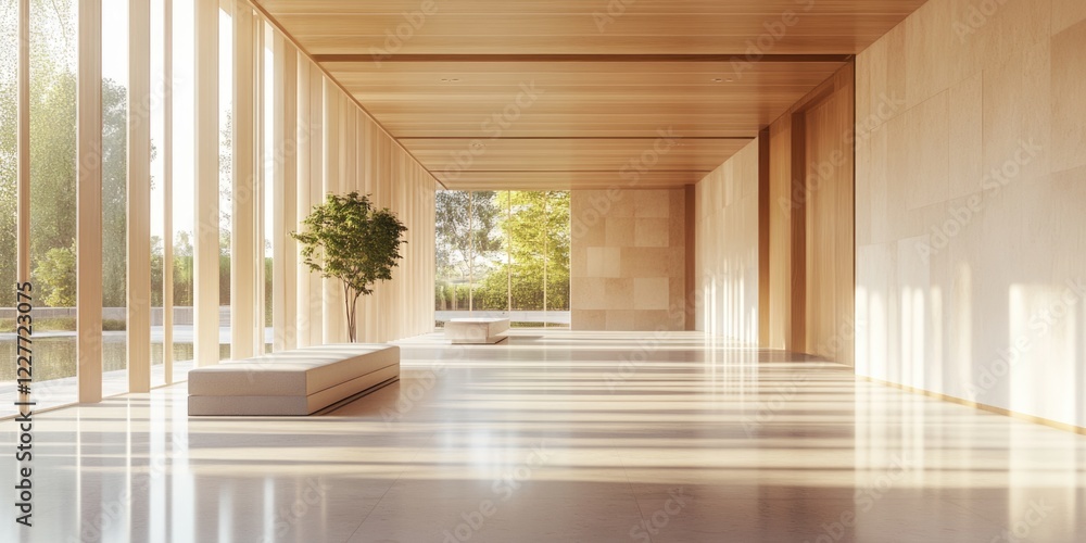 Fototapeta premium Elegant minimalist hall with wooden furnishings and ample natural light showcasing contemporary design and empty space for text placement.