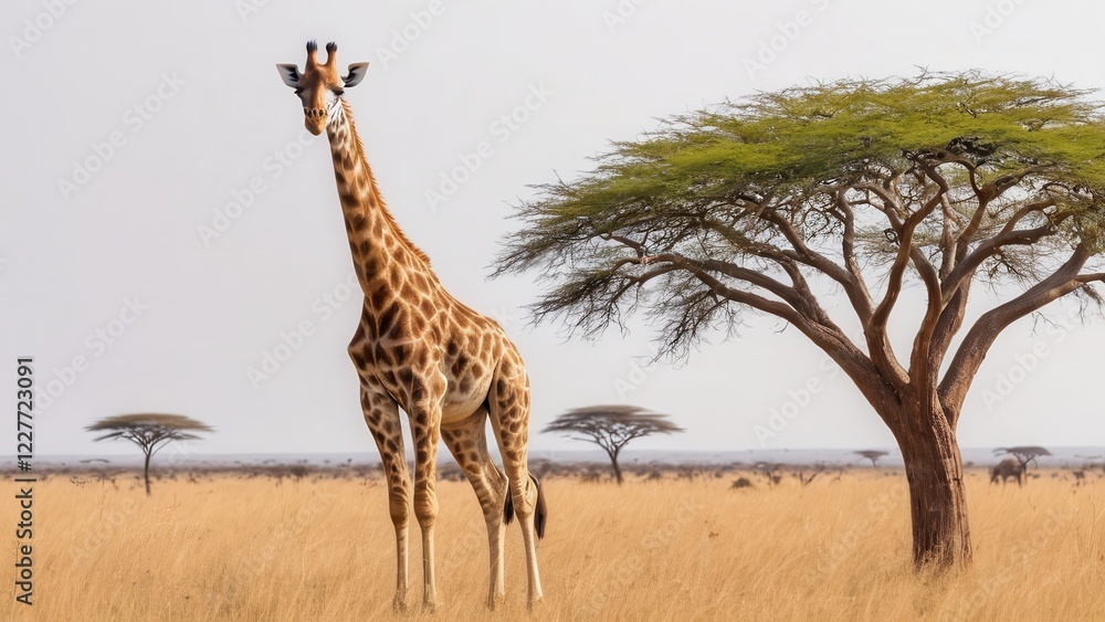 Fototapeta premium a solitary giraffe stands majestically against the African savannah