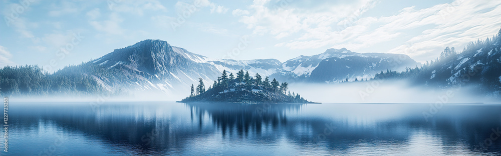 Panoramic View of Crater Lake with a Serene Island Amidst Deep Blue Waters Panoramic View of Crater Lake with a Serene Island Amidst Deep Blue Waters