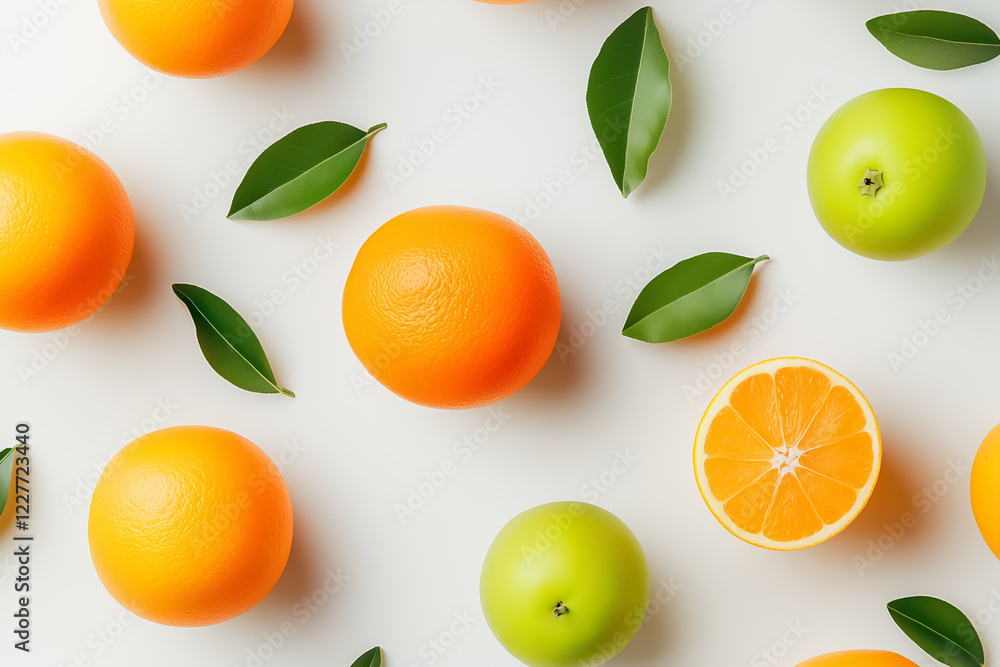 Round oranges and green apples, with a halved orange, create a minimalist layout on a white background, showcasing vibrant colors and simple forms in bright midday light Round oranges and green apples, with a halved orange, create a minimalist layout on a white background, showcasing vibrant colors and simple forms in bright midday light